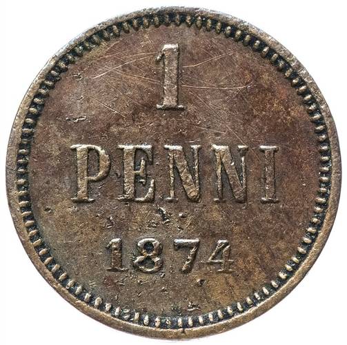 Монета 1 пенни 1874 Для Финляндии