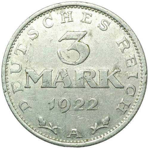Монета 3 марки 1922 А без легенды вокруг орла Германия