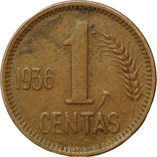 Монета 1 цент 1936 Литва
