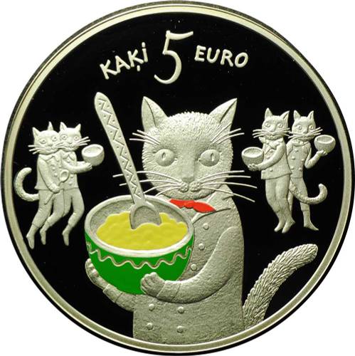 Монета 5 евро 2015 Пять котов - Сказки Латвия