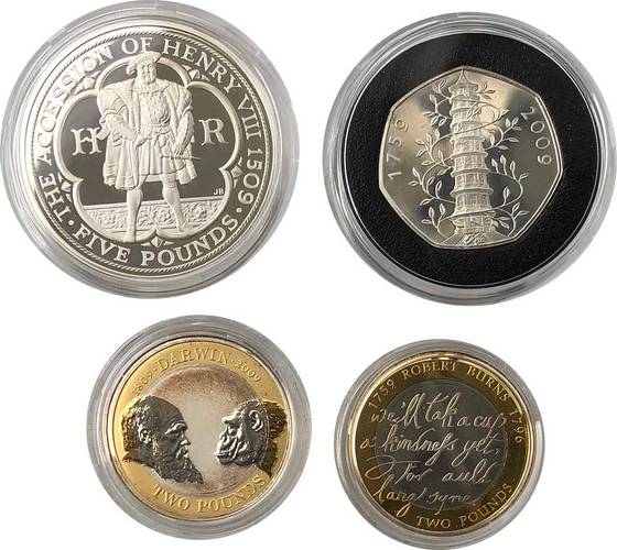 Набор монет 50 пенсов, 2, 5 фунтов 2009 PROOF Piedfort Великобритания