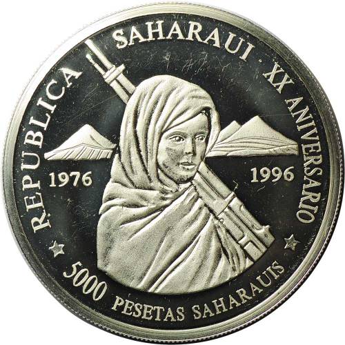 Монета 5000 песет 1996 20 лет Республике Сахара