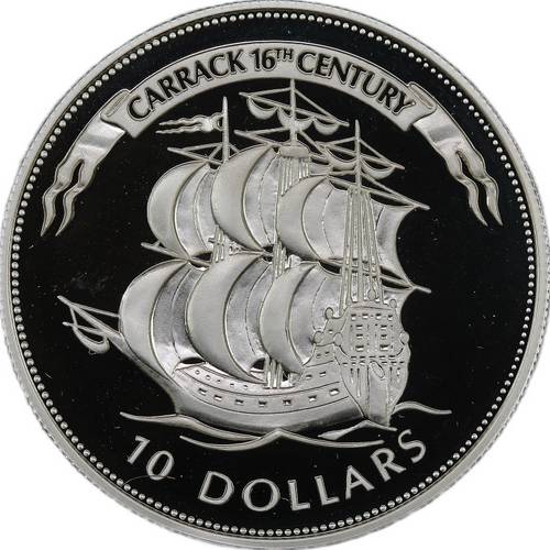 Монета 10 долларов 1995 Корабли Каракка 16-го века Белиз