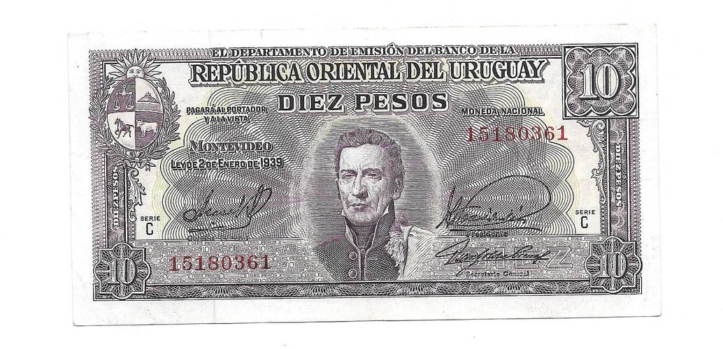 Банкнота 10 песо 1939 Уругвай
