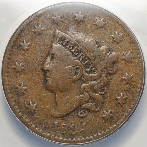Монета 1 цент 1834 США