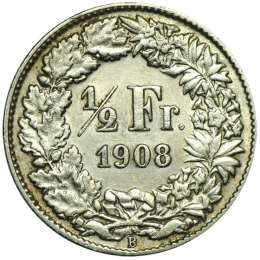 Монета 1/2 франка 1908 В Швейцария