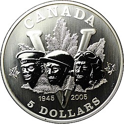 Монета 5 долларов 2005 60 лет победы во второй мировой войне Канада