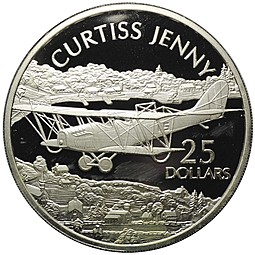 Монета 25 долларов 2003 История Авиации Curtiss Jenny Соломоновы Острова