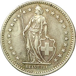 Монета 2 франка 1957 Швейцария