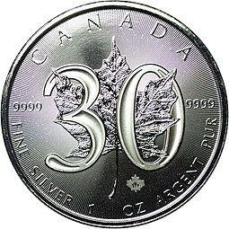 Монета 5 долларов 2018 Кленовый лист 30 лет Канада