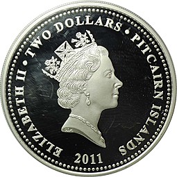 Монета 2 Доллара 2011 Кролик Алиса в стране чудес Острова Питкэрн