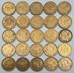 Инвестиционный лот золотые 10 рублей 1899, 1900, 1911 годов Николая 2 - 25 монет золото