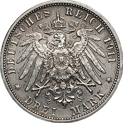 Монета 3 марки 1911 25 лет свадьбы Вильгельма и Шарлоты Вюртемберг Германия