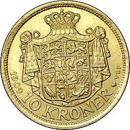 Монета 10 крон 1909 Дания