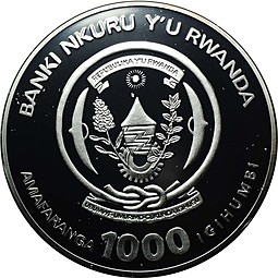 Монета 1000 франков 2010 Год Тигра Руанда