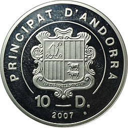 Монета 10 динар (динеров) 2007 Экстрим - Горные лыжи Андорра
