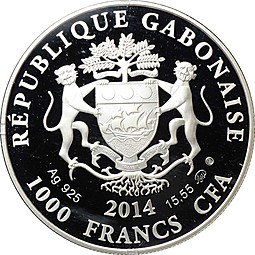 Монета 1000 франков КФА 2014 ММД Знаки зодиака - Водолей Габон