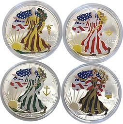 Набор 4 монеты 1 доллар 2007 Шагающая свобода Времена года цветные США