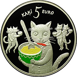 Монета 5 евро 2015 Пять котов - Сказки Латвия