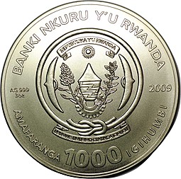 Монета 1000 франков 2009 Знаки зодиака Рыбы Руанда