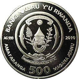 Монета 500 франков 2010 Рыба Крылатка-зебра (Pterois volitans) Руанда