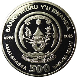 Монета 500 франков 2015 Год козы Руанда