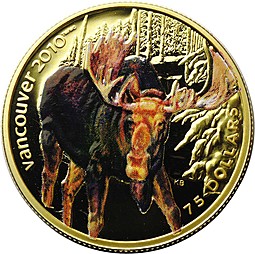Монета 75 долларов 2009 Олимпиада Ванкувер 2010 - Лось Канада