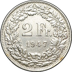 Монета 2 франка 1947 B Швейцария