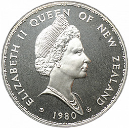 Монета 1 доллар 1980 Птицы Веерохвостка серебро Новая Зеландия
