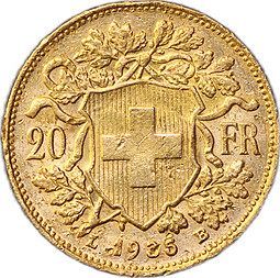 Монета 20 франков 1935 L B Швейцария