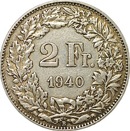 Монета 2 франка 1940 B Швейцария