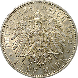 Монета 5 марок 1902 E Смерть Альберта Саксонского Саксония Германия