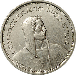 Монета 5 франков 1968 B Швейцария