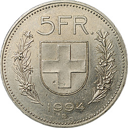 Монета 5 франков 1994 B Швейцария
