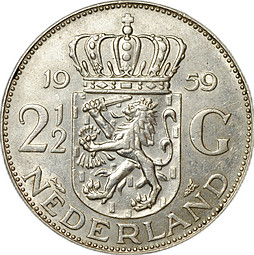 Монета 2 1/2 гульдена 1959 Нидерланды