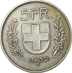 Монета 5 франков 1932 B Швейцария