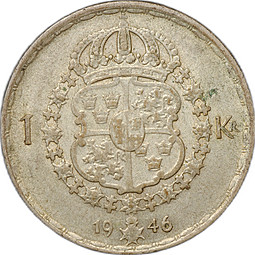 Монета 1 крона 1946 TS Швеция