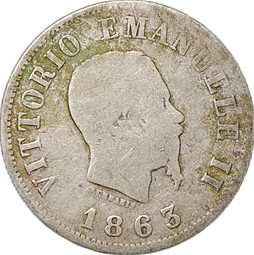 Монета 50 чентезимо 1863 M - Милан Щит на реверсе Италия