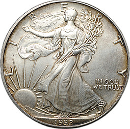 Монета 1 доллар 1992 Американский серебряный орёл Шагающая свобода США