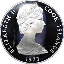 Монета 2 доллара 1973 20 лет Коронации Острова Кука