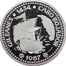 Монета 100 эскудо 1987 Золотой век открытий - Жил Эанеш серебро Португалия