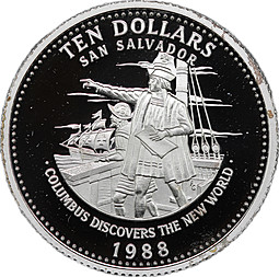 Монета 10 долларов 1988 Открытие Нового Света - Христофор Колумб Багамы