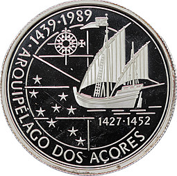 Монета 100 эскудо 1989 Золотой век открытий - Азорские острова серебро Португалия