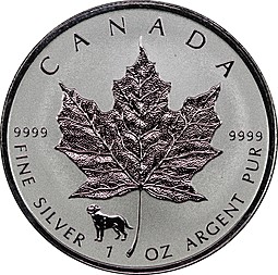 Монета 5 долларов 2018 Кленовый лист Отметка собака Канада