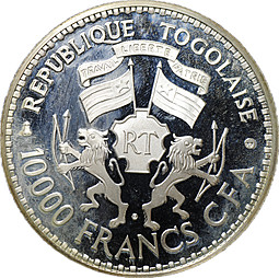 Монета 10000 франков 1977 10 лет Генерал Гнассингбе Эйадема на посту президента Того