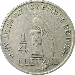 Монета 1/4 кетсаля 1929 Гватемала