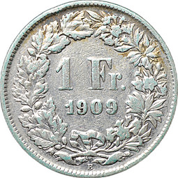 Монета 1 франк 1909 Швейцария
