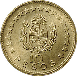 Монета 10 песо 1965 Уругвай