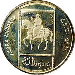 Монета 25 динар (динеров) 1993 Таможенный союз Экю Андорра