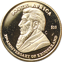 Монета 10 долларов 2005 25 лет Крюгерранду ЮАР Либерия